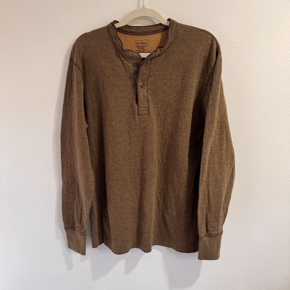 L.L. Bean Shirt Mens M Long Sleeve Wool Cotton Base Layer Brown Henley Outdoor